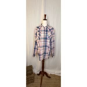 Women’s Vintage Wrangler Pink & Blue Plaid Pearl Snap 
Size Large